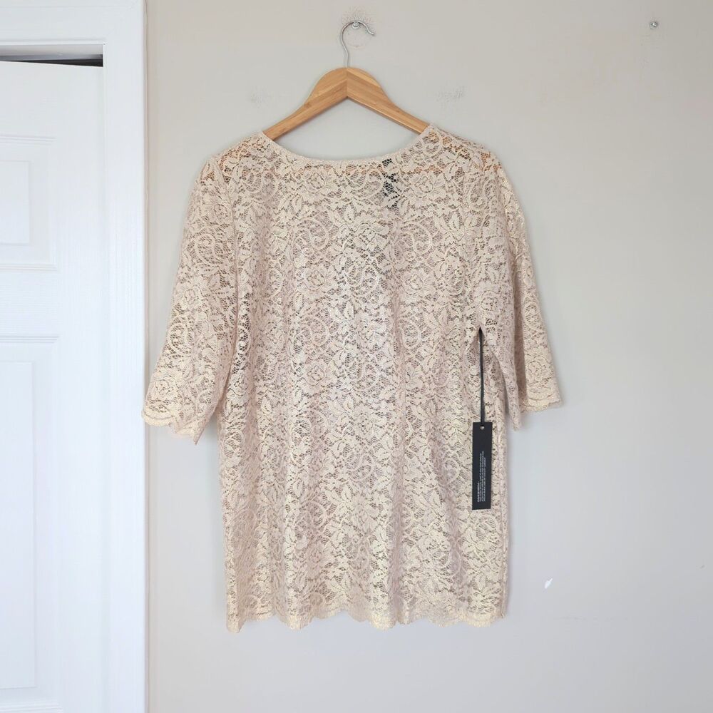Chico's Black Label NWT Foiled Lace Sheer Short Sleeve Top Gold Taupe Size 1 Med